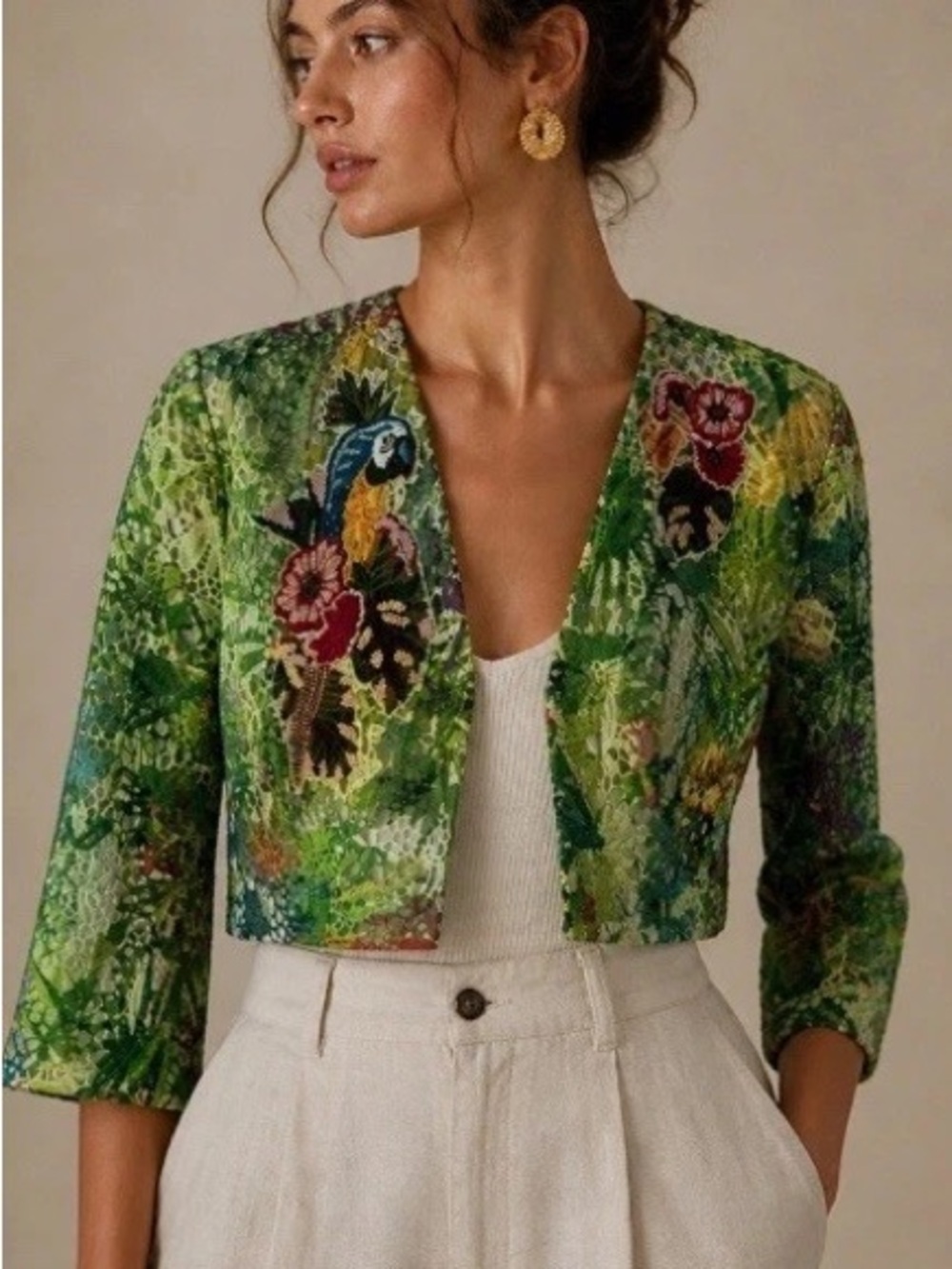 Soft Surroundings Lace Bolero Ipanema jacket Green - embroidered parrot Tag: XL